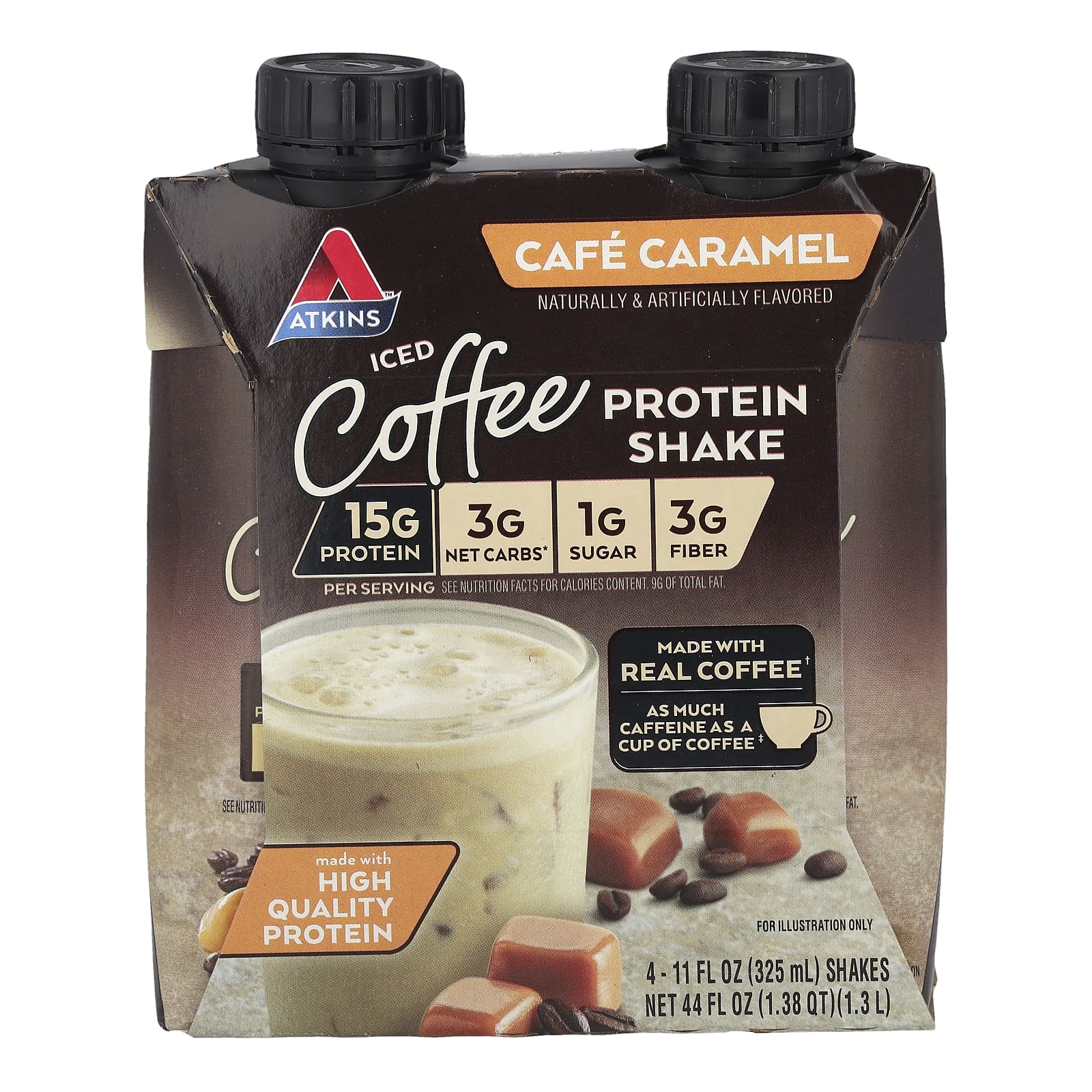 Atkins Cafe Caramel Protein Shake, 11 fl oz, 4 Count, Low Carb, Gluten Free - Image 1