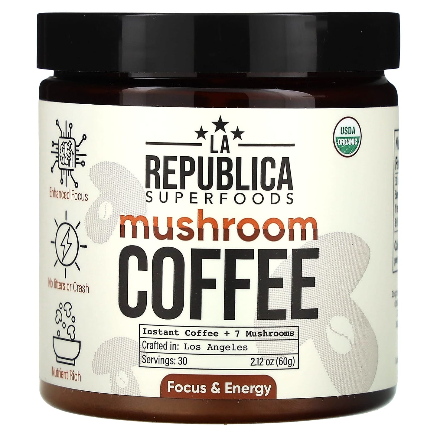 LA Republica, Mushroom Coffee, Instant Coffee + 7 Mushrooms, 2.12 oz (60 g) - Image 1