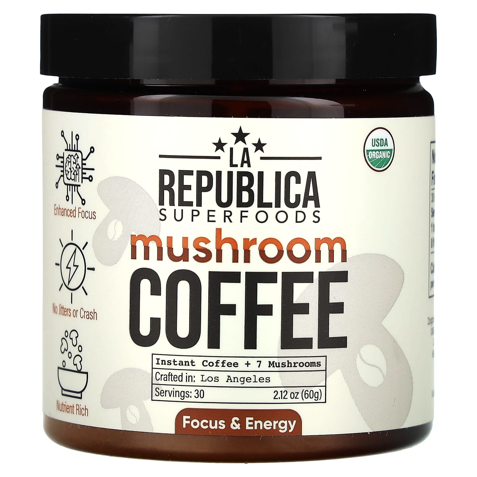 LA Republica, Mushroom Coffee, Instant Coffee + 7 Mushrooms, 2.12 oz (60 g) - Image 1