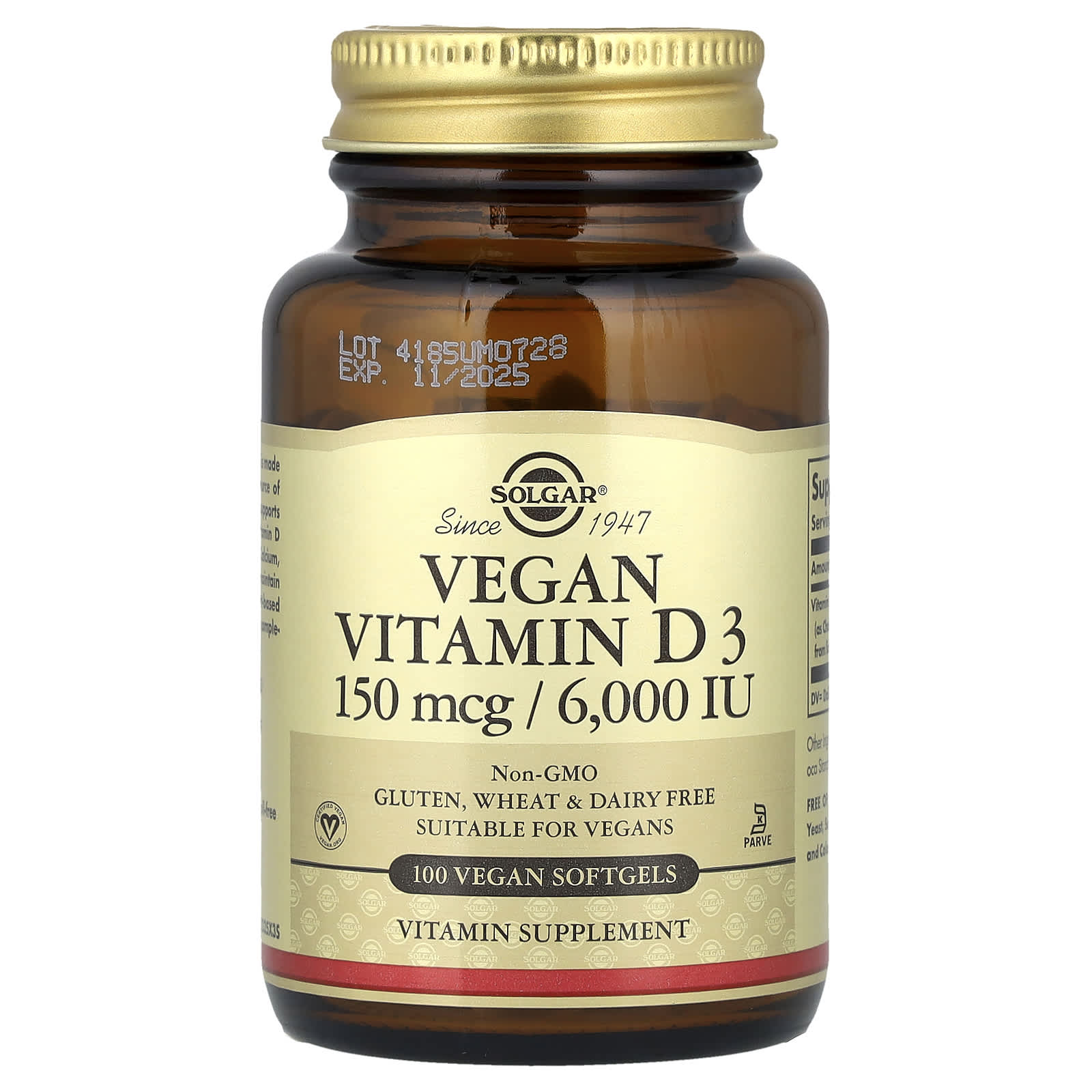 Solgar, Vegan Vitamin D3, 150 mcg  (6,000 IU), 100 Vegan Softgels - Image 1