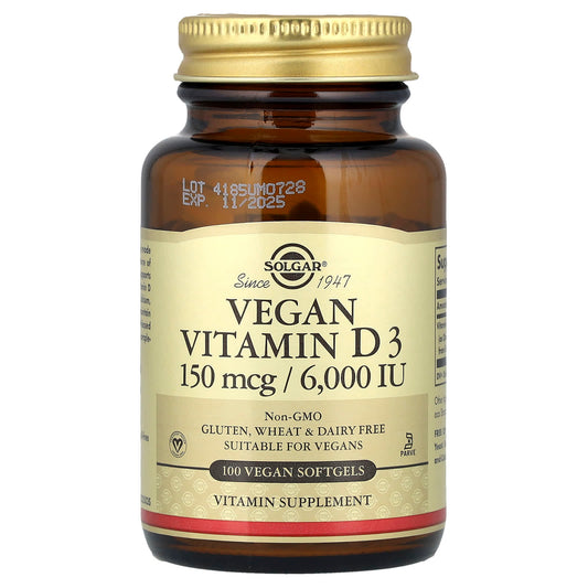 Solgar, Vegan Vitamin D3, 150 mcg  (6,000 IU), 100 Vegan Softgels - Image 1