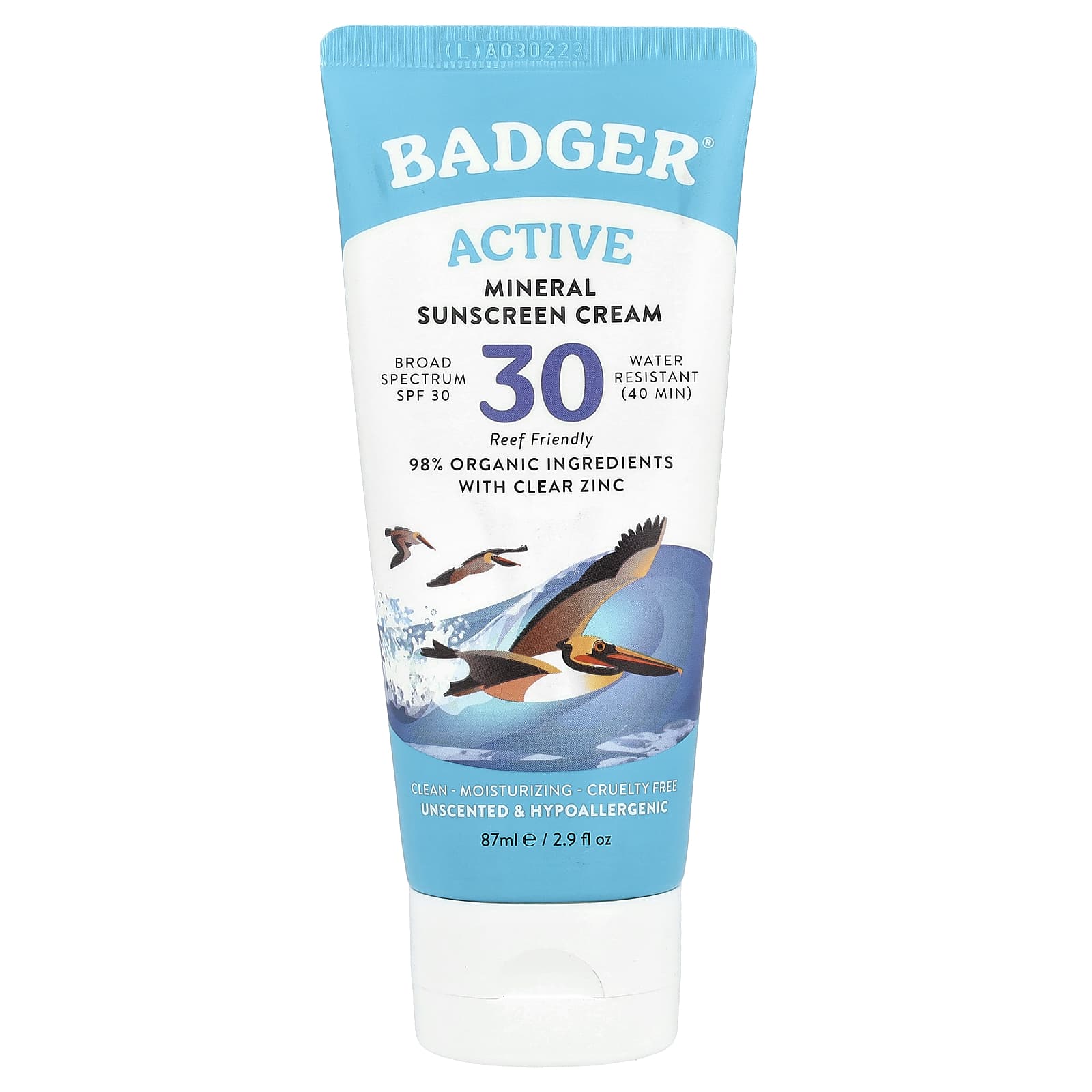 Badger Active Mineral Sunscreen Cream, SPF 30, Unscented, 2.9 fl oz - Image 1