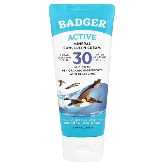 Badger Active Mineral Sunscreen Cream, SPF 30, Unscented, 2.9 fl oz - Image 1