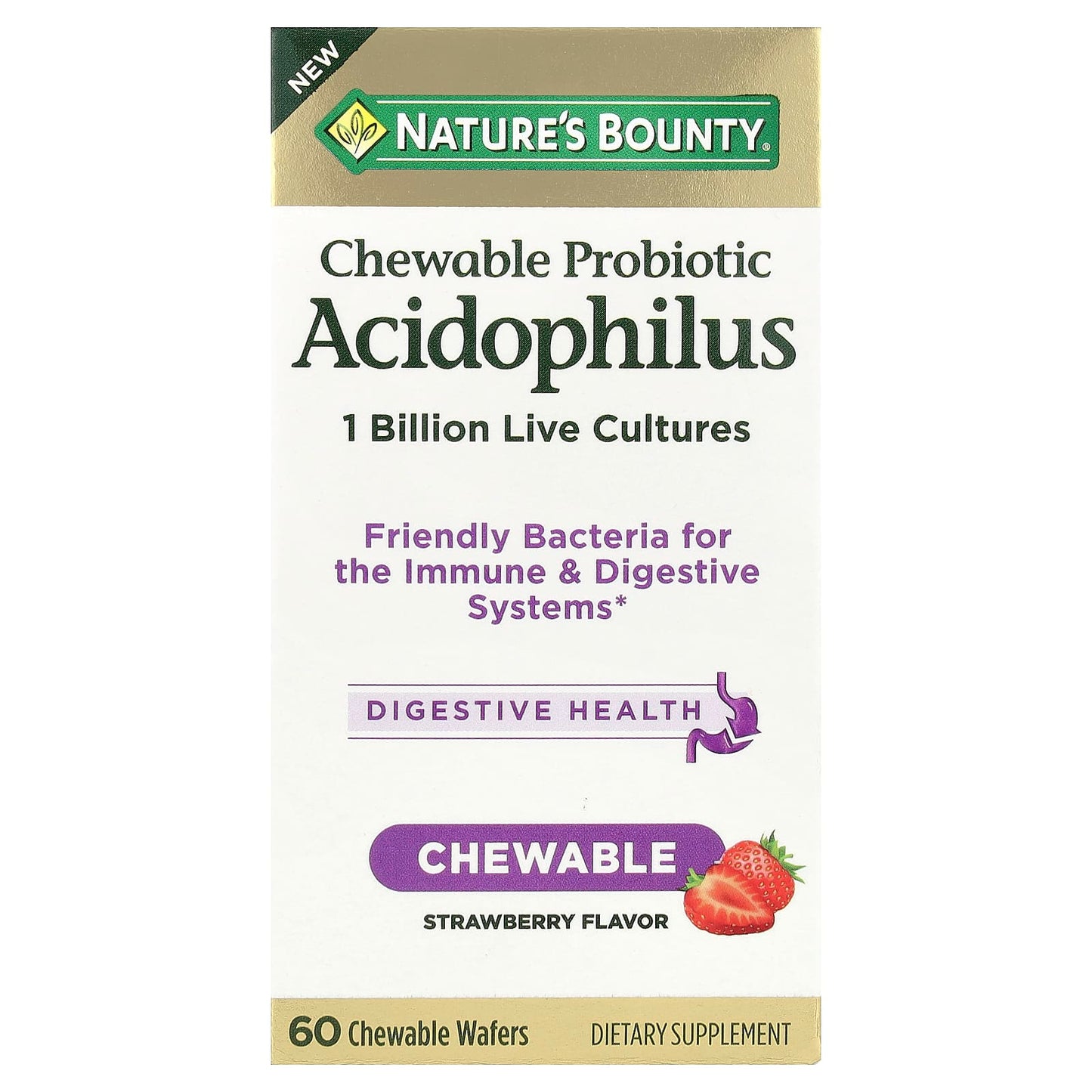 Nature's Bounty, Chewable Probiotic Acidophilus, Strawberry, 1 Billion, 60 Chewable Wafers - Image 1