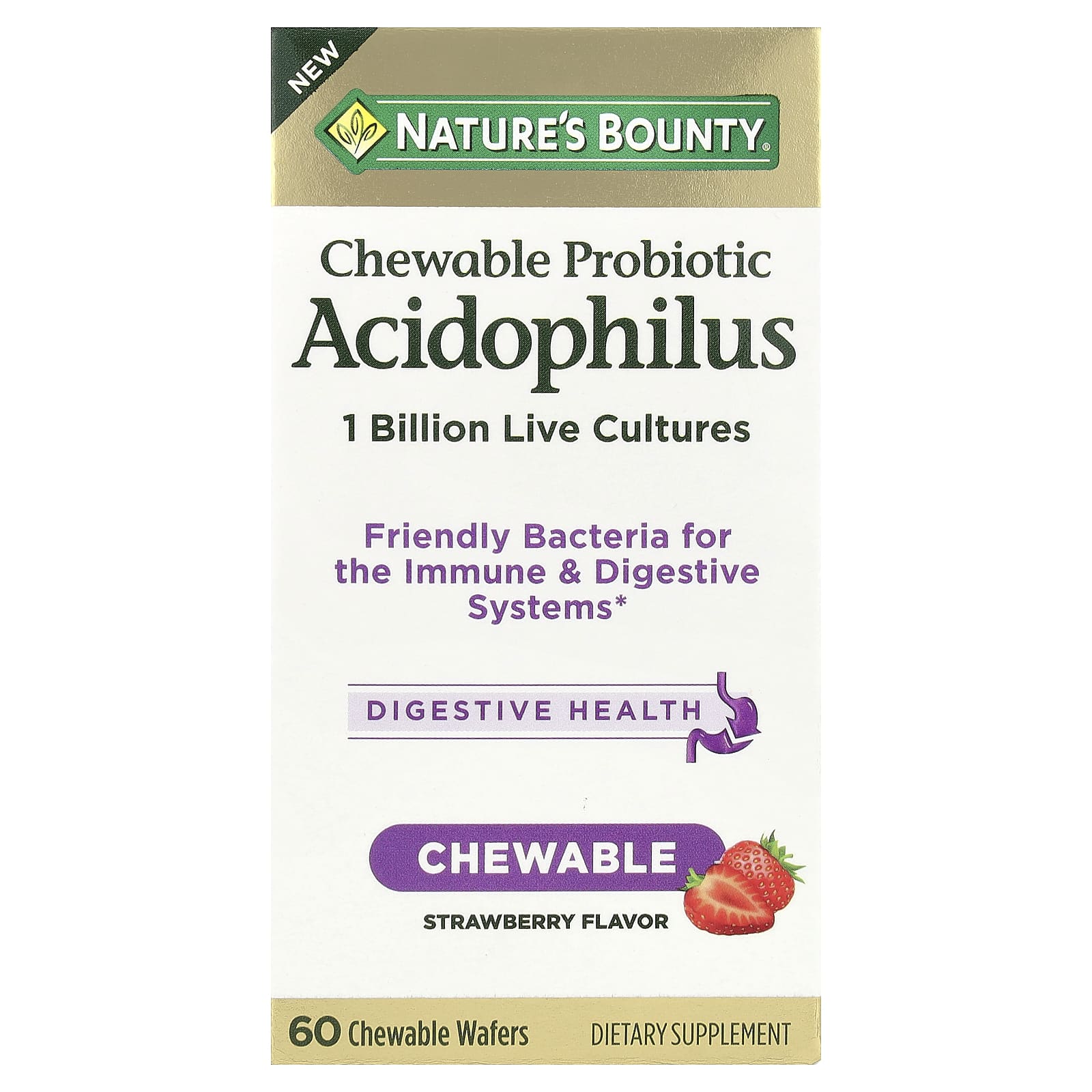 Nature's Bounty, Chewable Probiotic Acidophilus, Strawberry, 1 Billion, 60 Chewable Wafers - Image 1
