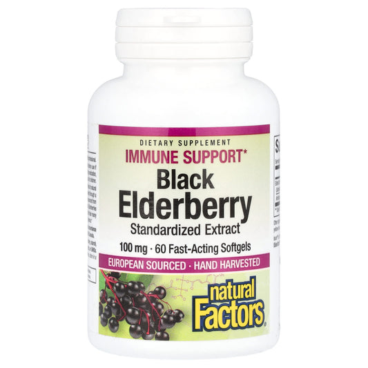 Natural Factors, Black Elderberry, 100 mg, 60 Fast-Acting Softgels - Image 1