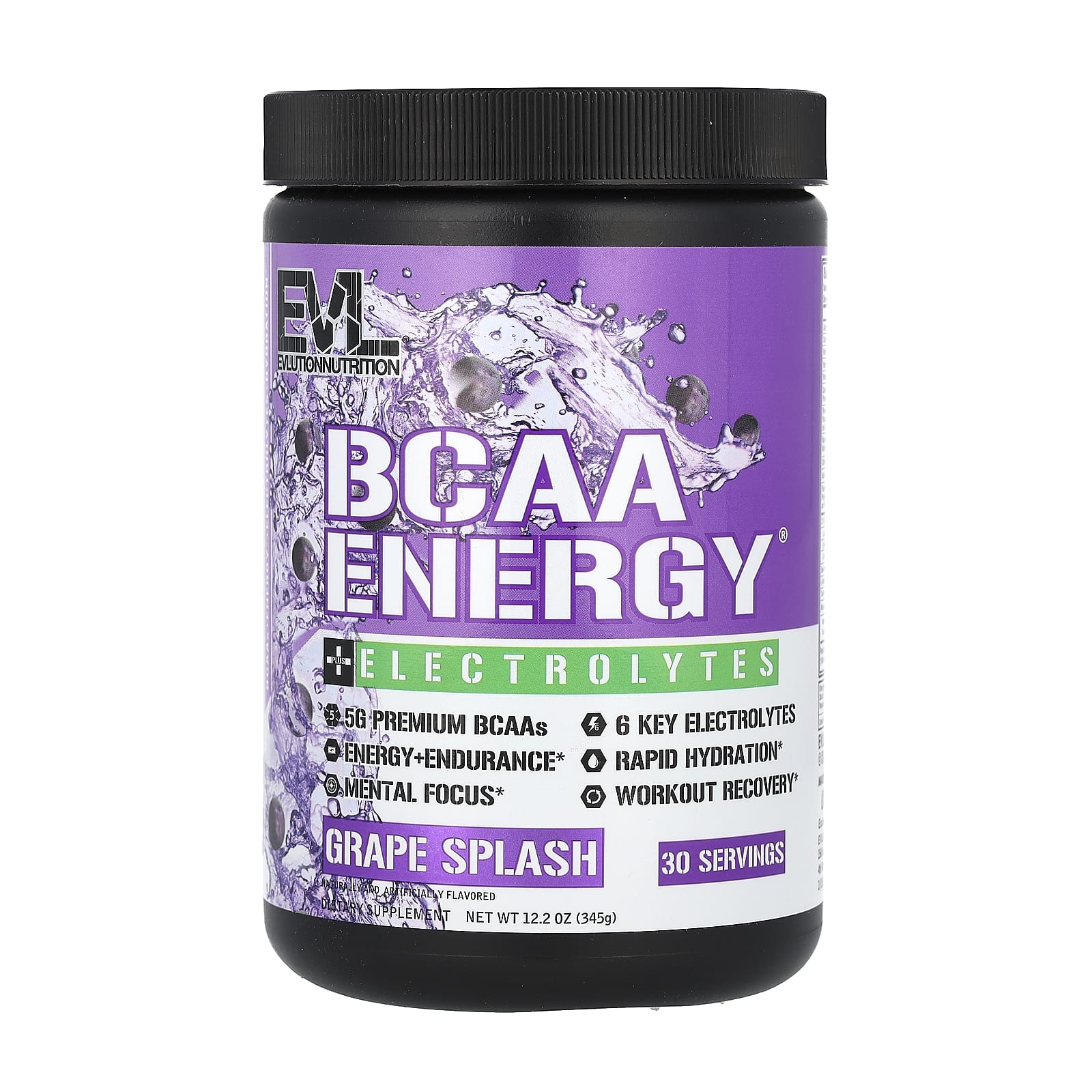 EVLution Nutrition BCAA Energy Plus Electrolytes, Grape Splash, 12.2 oz - Image 1