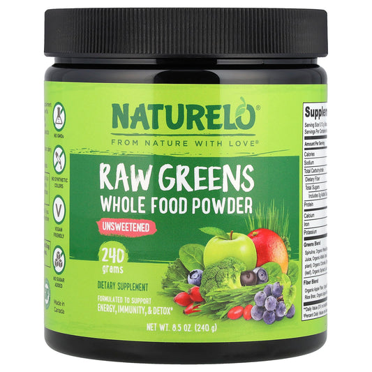 NATURELO, Raw Greens Whole Food Powder, Unsweetened, 8.5 oz (240 g) - Image 1