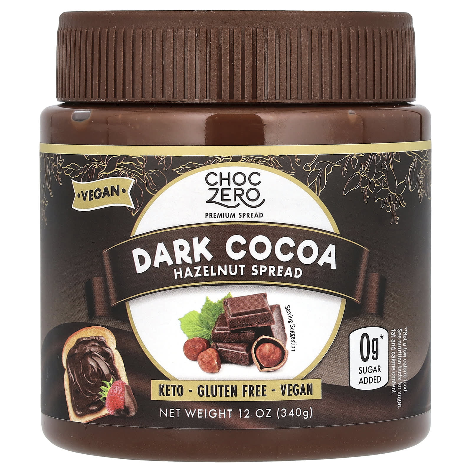 Indulge in ChocZero's Rich Dark Cocoa Hazelnut Spread, 12 oz (340g) - Vegan & Keto Friendly - Image 1