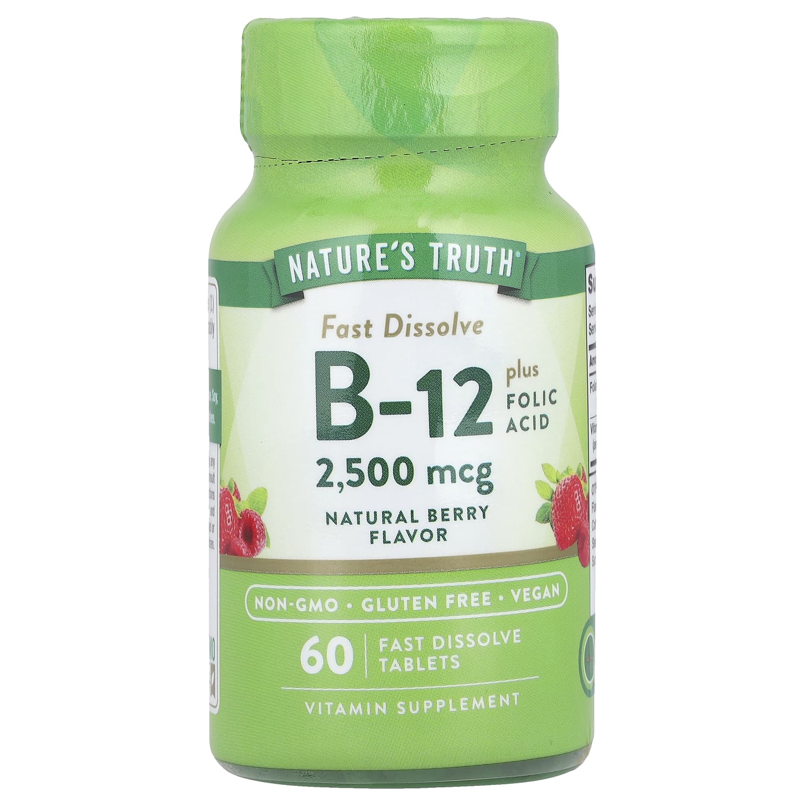 Nature's Truth, Vitamin B-12 plus Folic Acid, Natural Berry, 2,500 mcg, 60  Fast Dissolve Tablets - Image 1