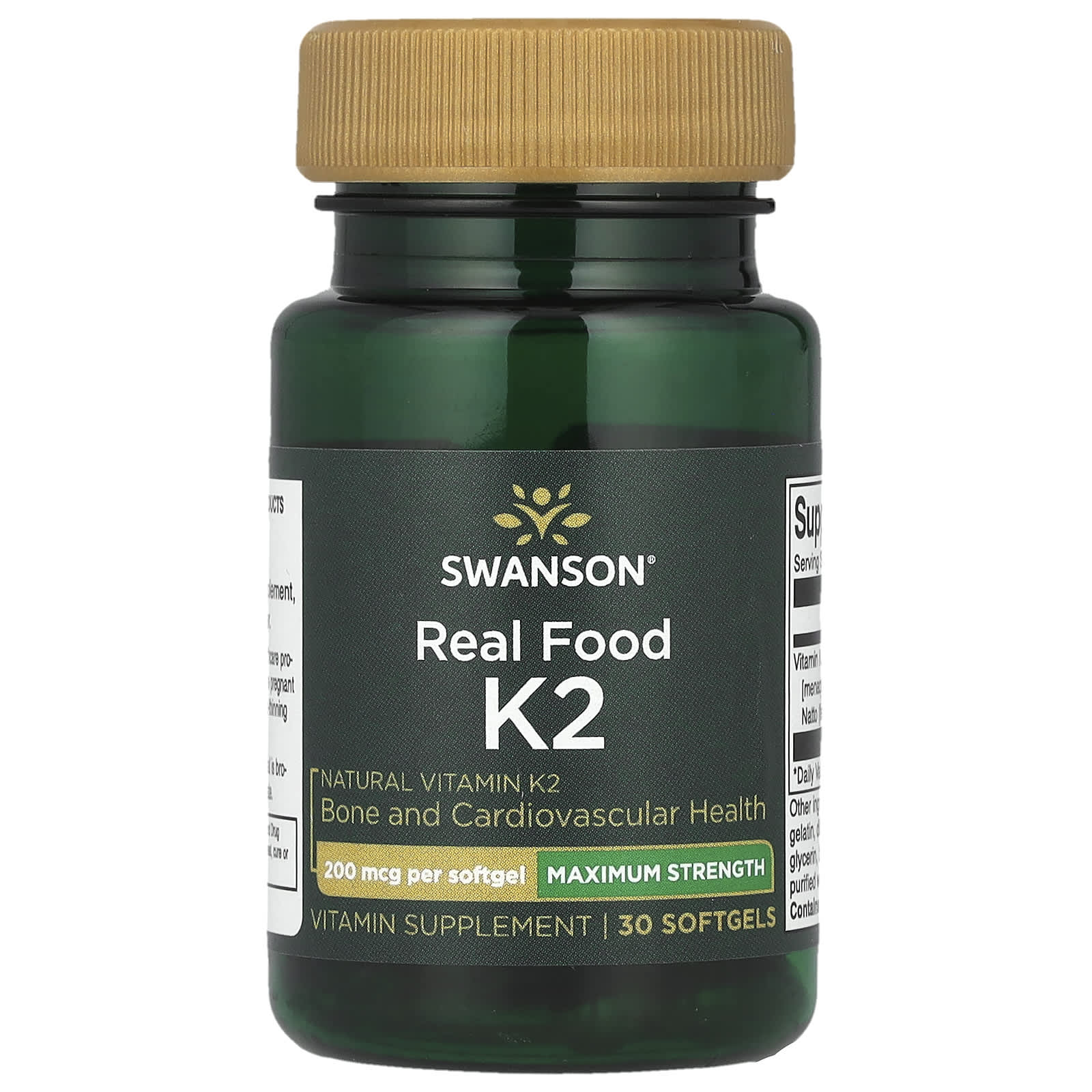 Swanson, Real Food K2, Maximum Strength , 200 mcg, 30 Softgels - Image 1