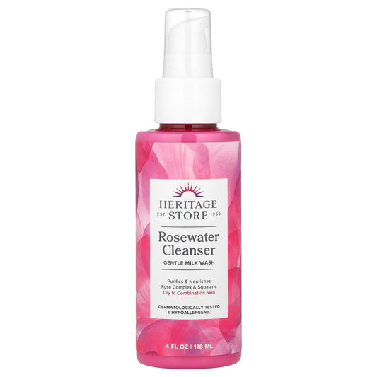 Heritage Store Rosewater Cleanser, Gentle Milk Wash for Dry Skin, 4 fl oz - Image 1