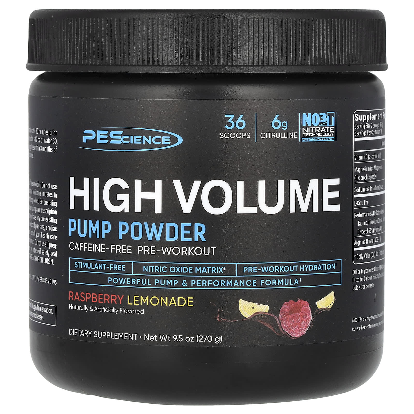 PEScience, High Volume, Pump Powder, Caffeine Free, Raspberry Lemonade, 9.5 oz (270 g) - Image 1
