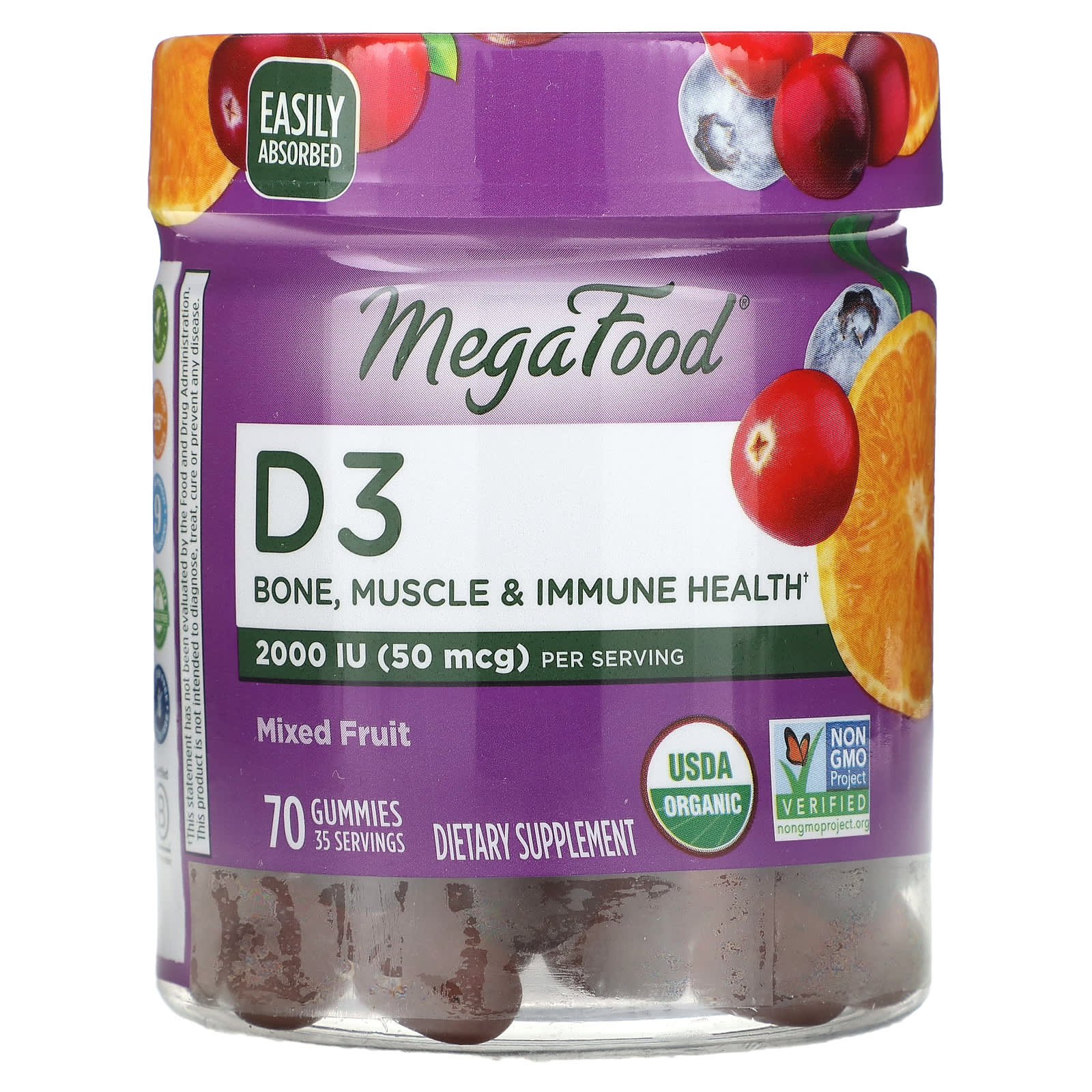 MegaFood, D3, Mixed Fruit, 70 Gummies (25 mcg (1,000 IU) per Gummy) - Image 1
