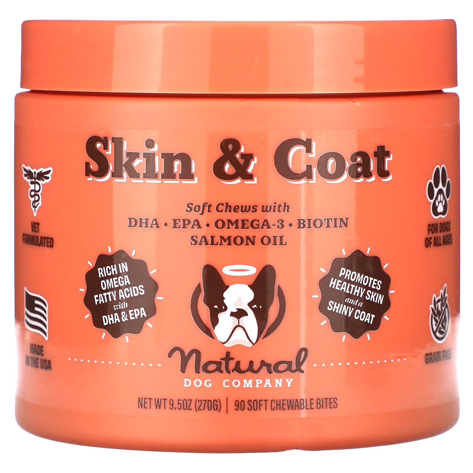 Natural Dog Company, Skin & Coat, For Dogs, All Ages, 90 Soft Chewable Bites, 9.5 oz (270 g) - Image 1