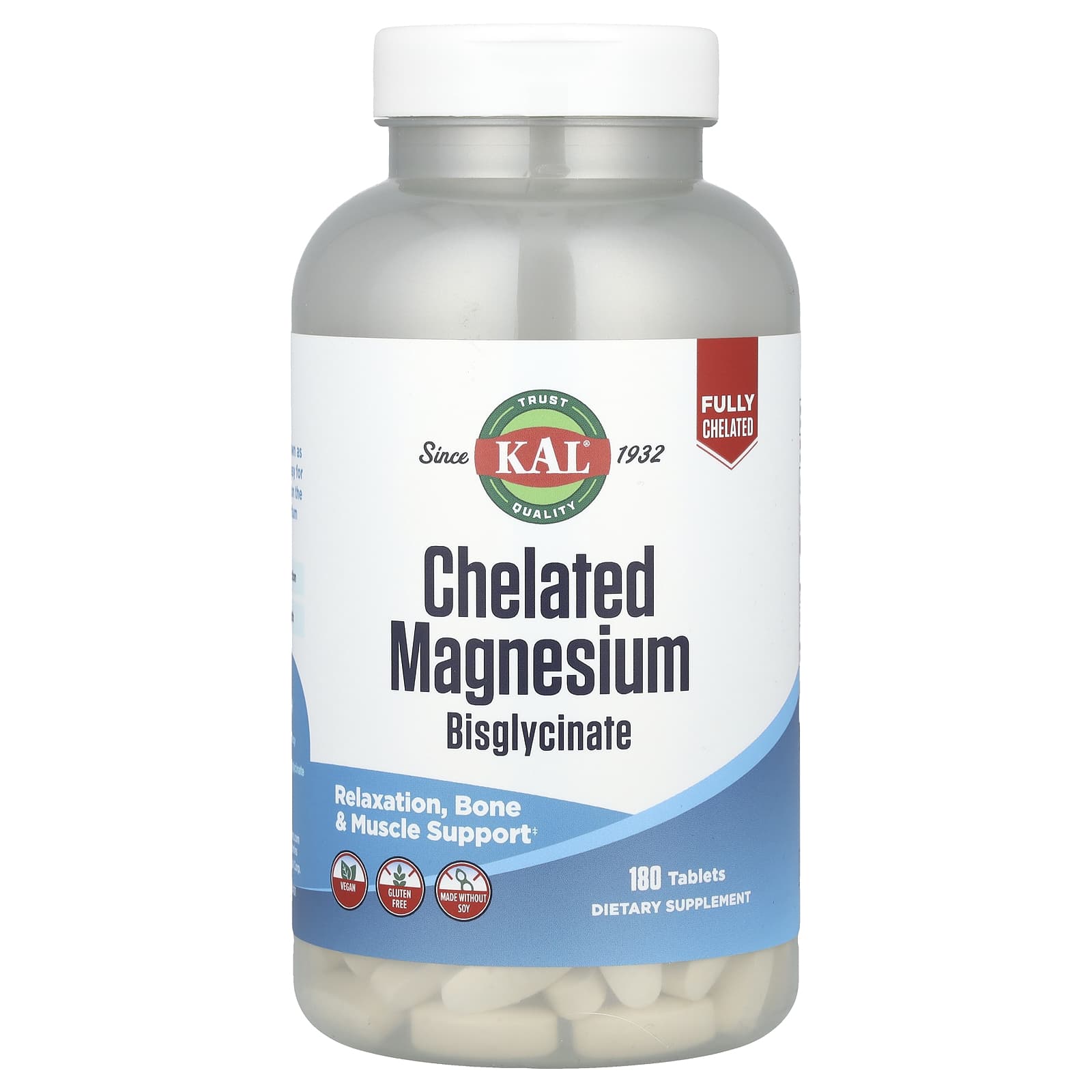 KAL Chelated Magnesium Bisglycinate for Relaxation & Bone Support (180 Tablets) - Image 1