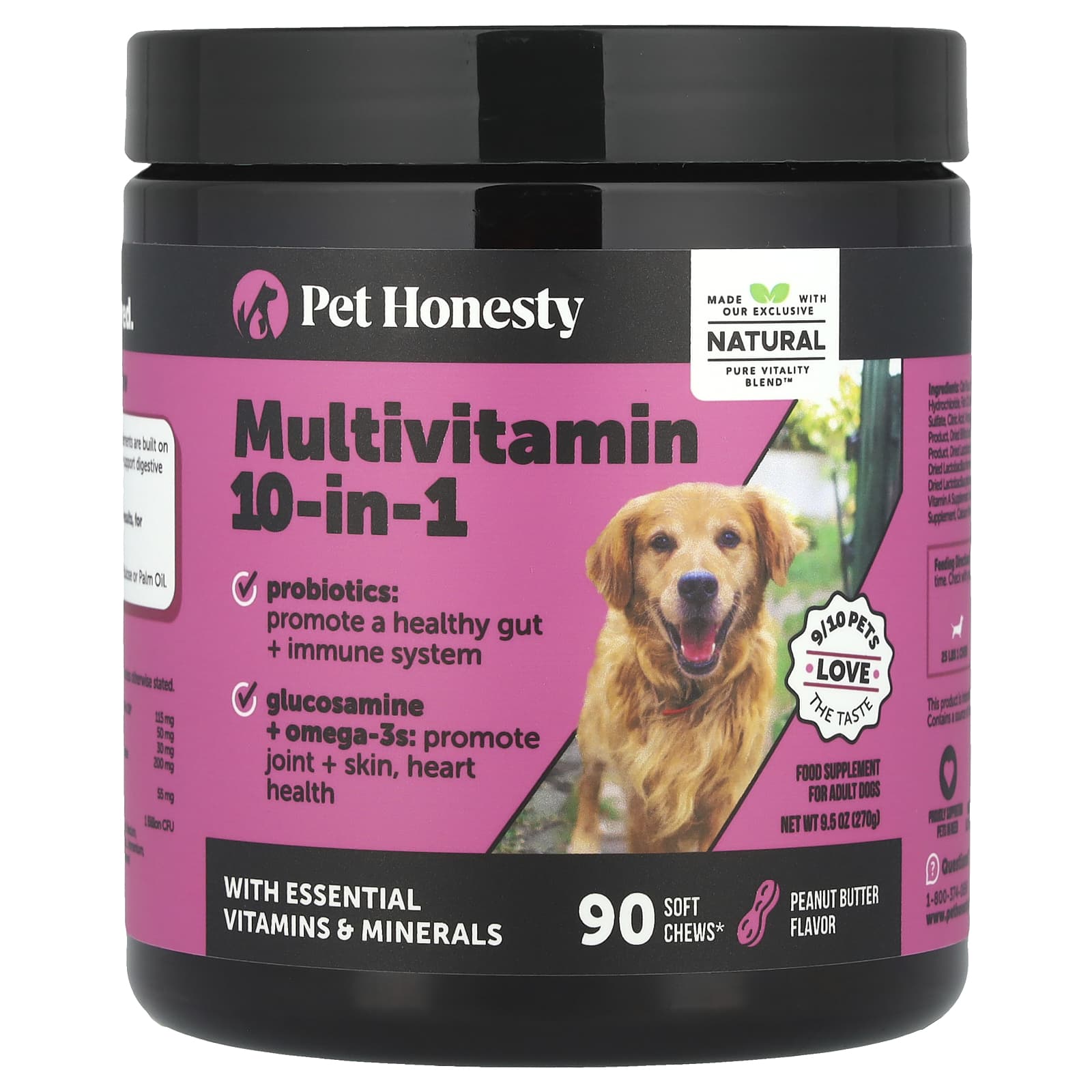 Pet Honesty, Multivitamin 10-in-1, For Adult Dogs, Peanut Butter, 90 Soft Chews, 9.5 oz (270 g)