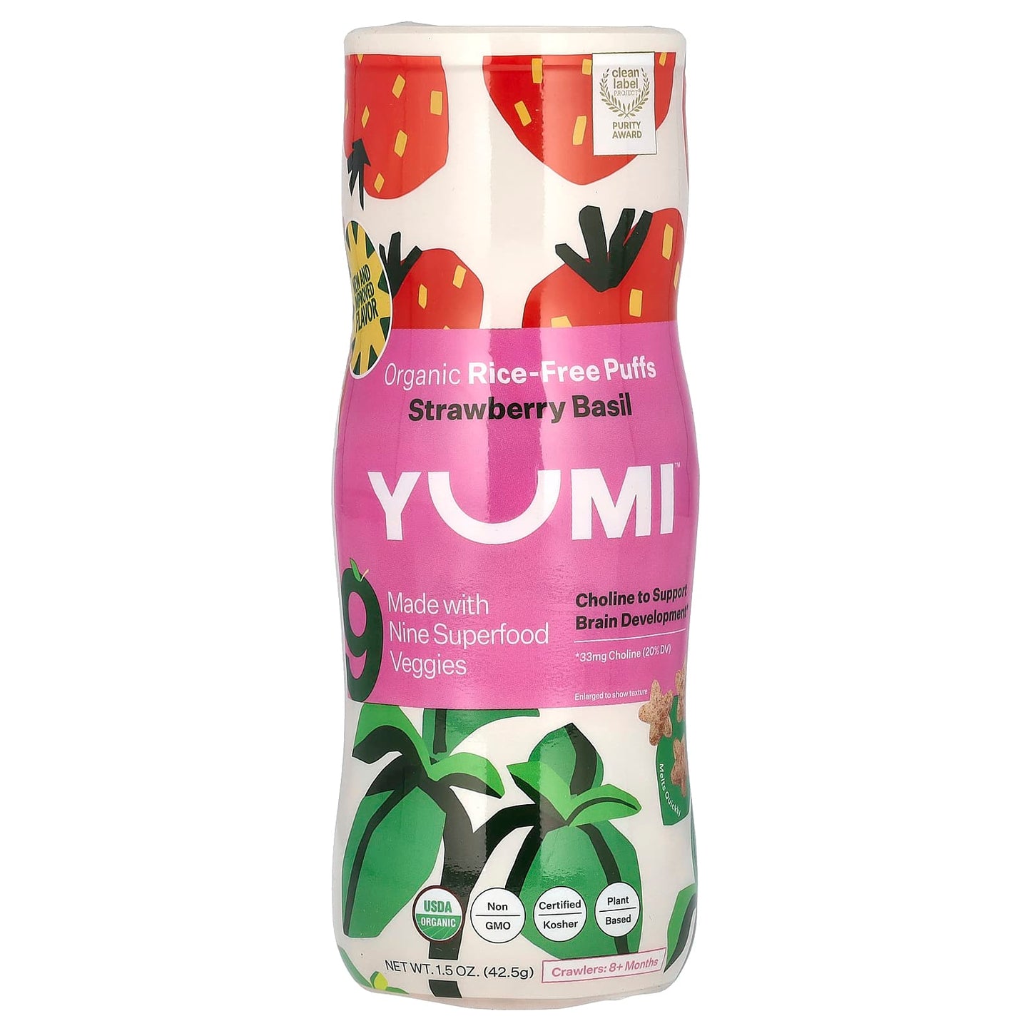 Yumi, Organic Rice-Free Puffs, 8+ Months, Strawberry Basil, 1.5 oz (42.5 g) - Image 1