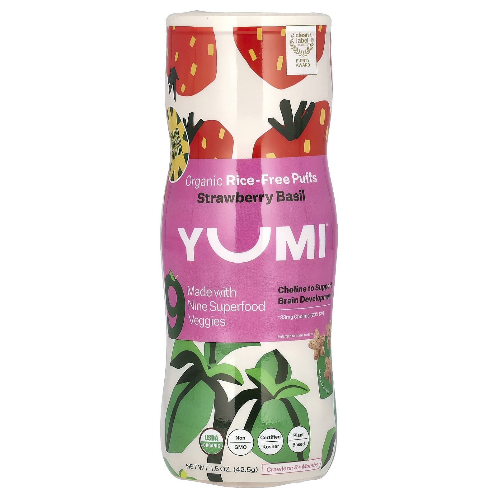 Yumi, Organic Rice-Free Puffs, 8+ Months, Strawberry Basil, 1.5 oz (42.5 g) - Image 1
