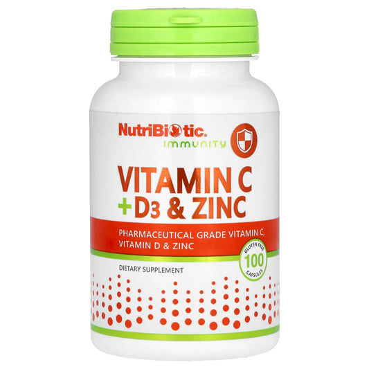 NutriBiotic, Immunity, Vitamin C + D3 & Zinc, 100 Capsules - Image 1
