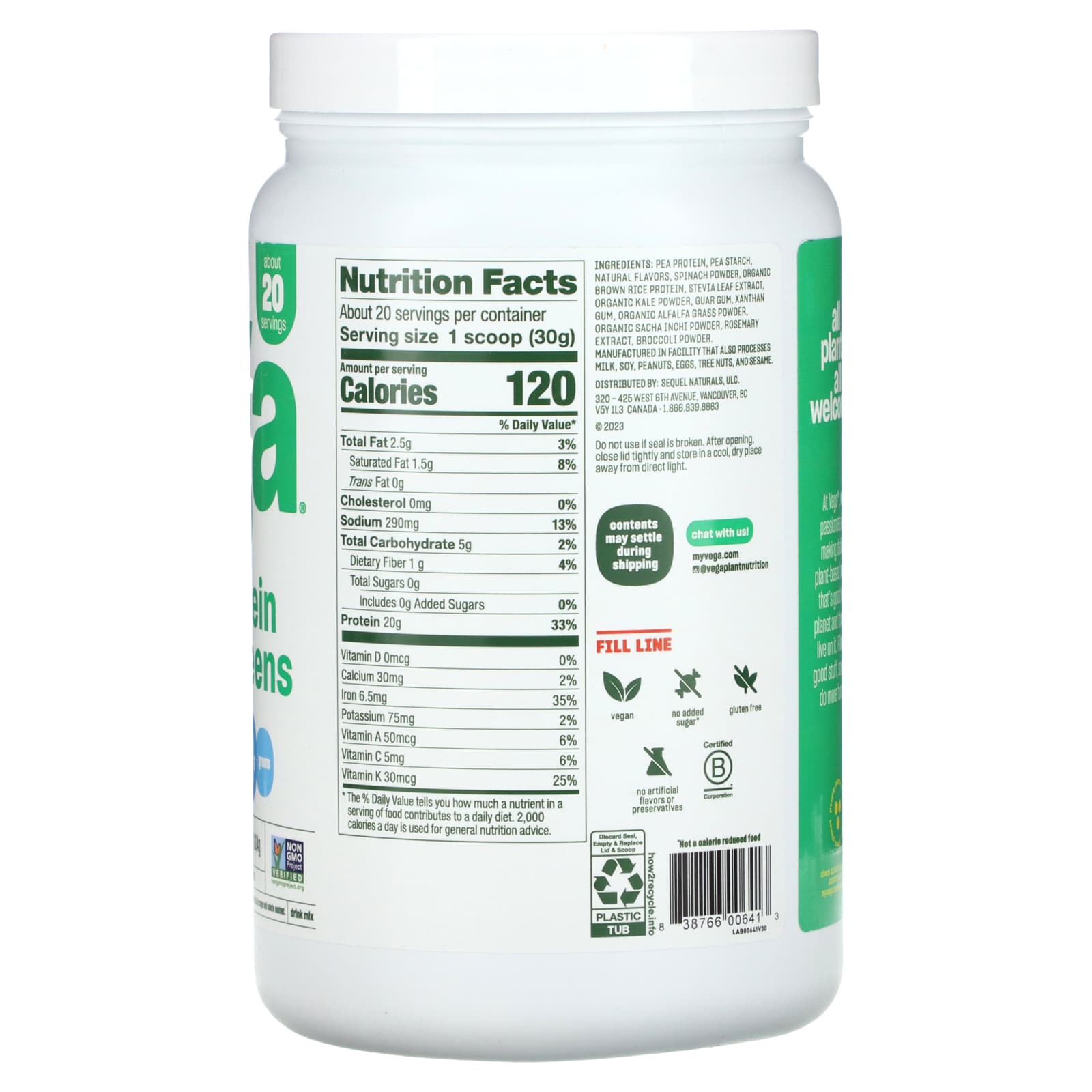 Vega, Plant-Based Protein and Greens, Vanilla, 1 lb 5.7 oz (614 g) - Image 2