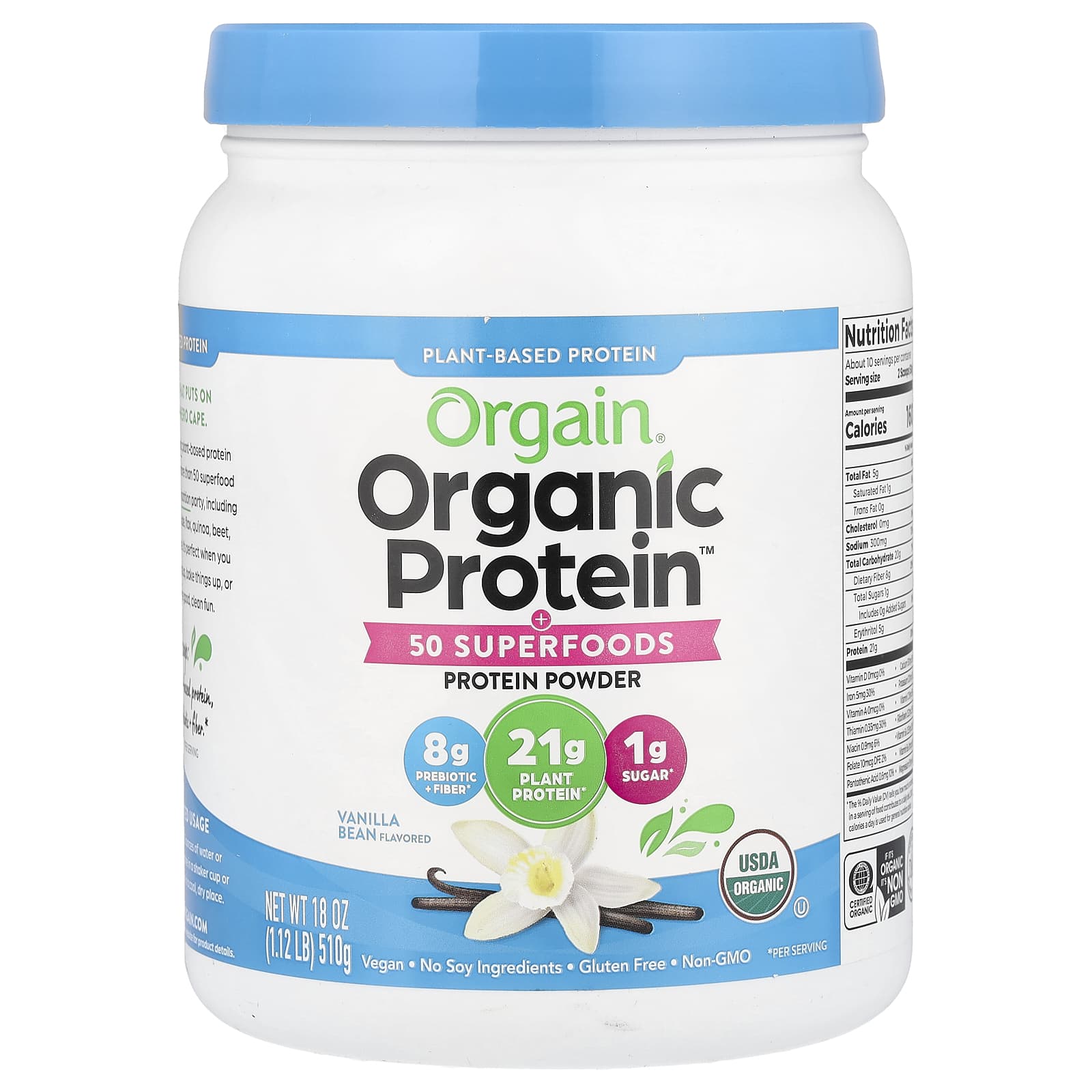 Orgain, Organic Protein™ Powder + 50 Superfoods, Plant-Based, Vanilla Bean, 1.12 lb (510 g) - Image 1