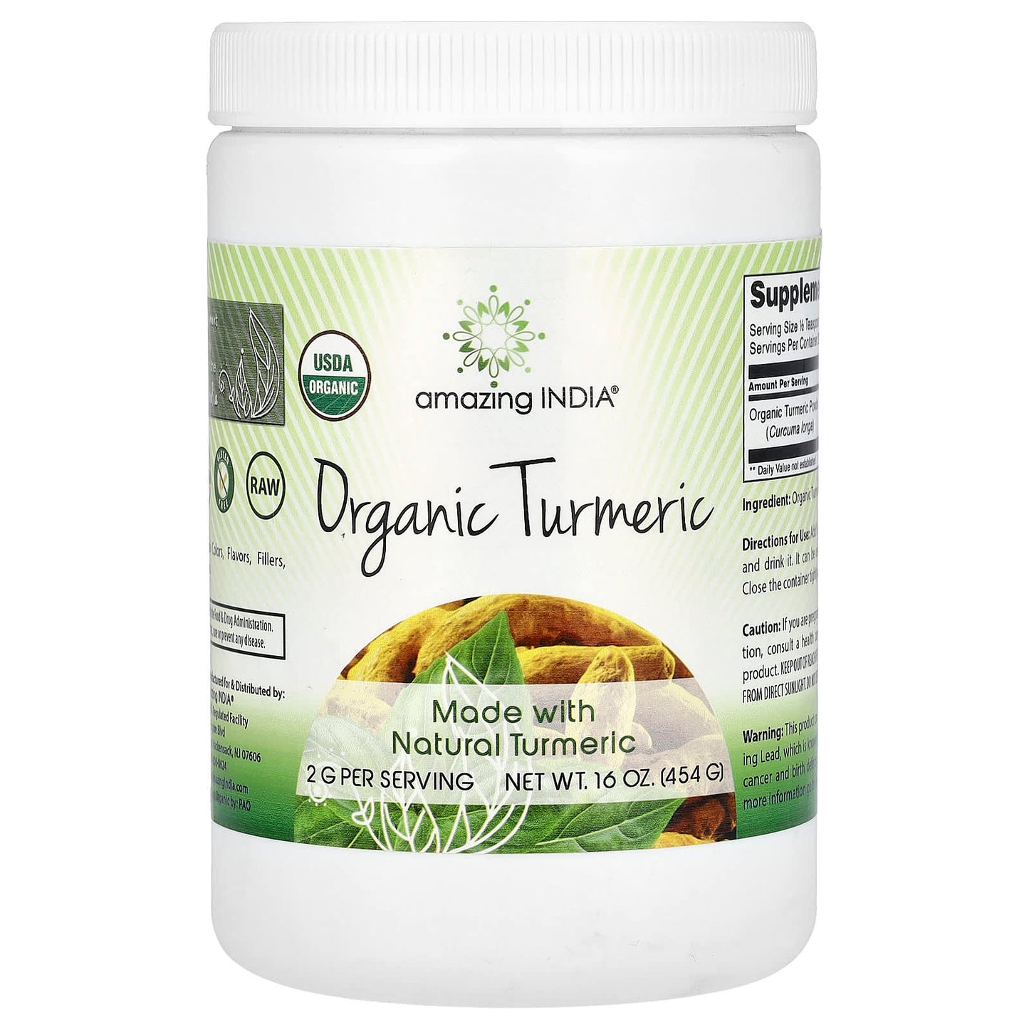 USDA Organic Turmeric Powder by Amazing India, 16 oz (454g) - Image 1