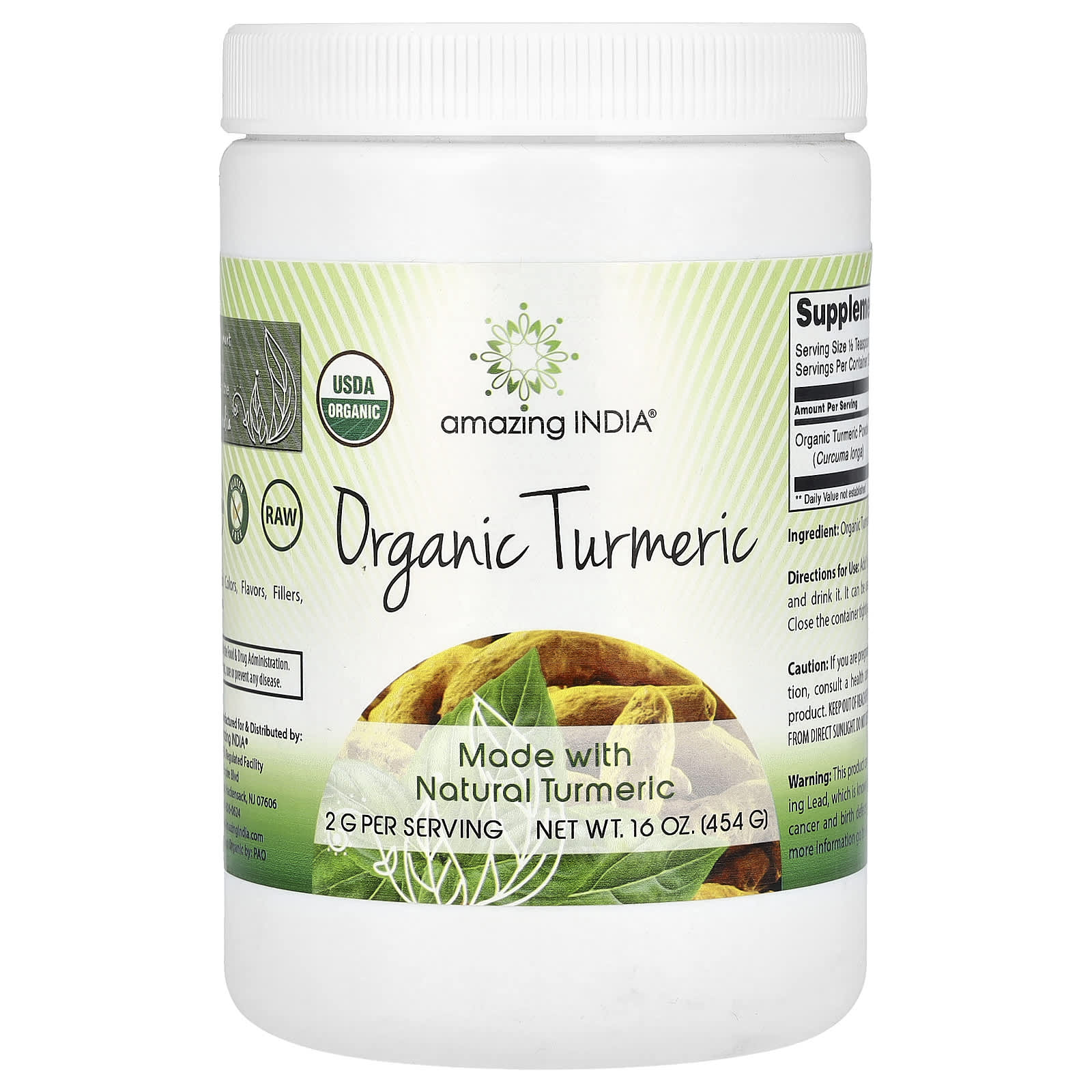 USDA Organic Turmeric Powder by Amazing India, 16 oz (454g) - Image 1