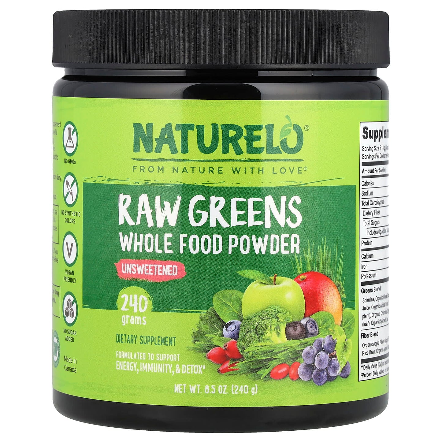 NATURELO, Raw Greens Whole Food Powder, Unsweetened, 8.5 oz (240 g) - Image 1