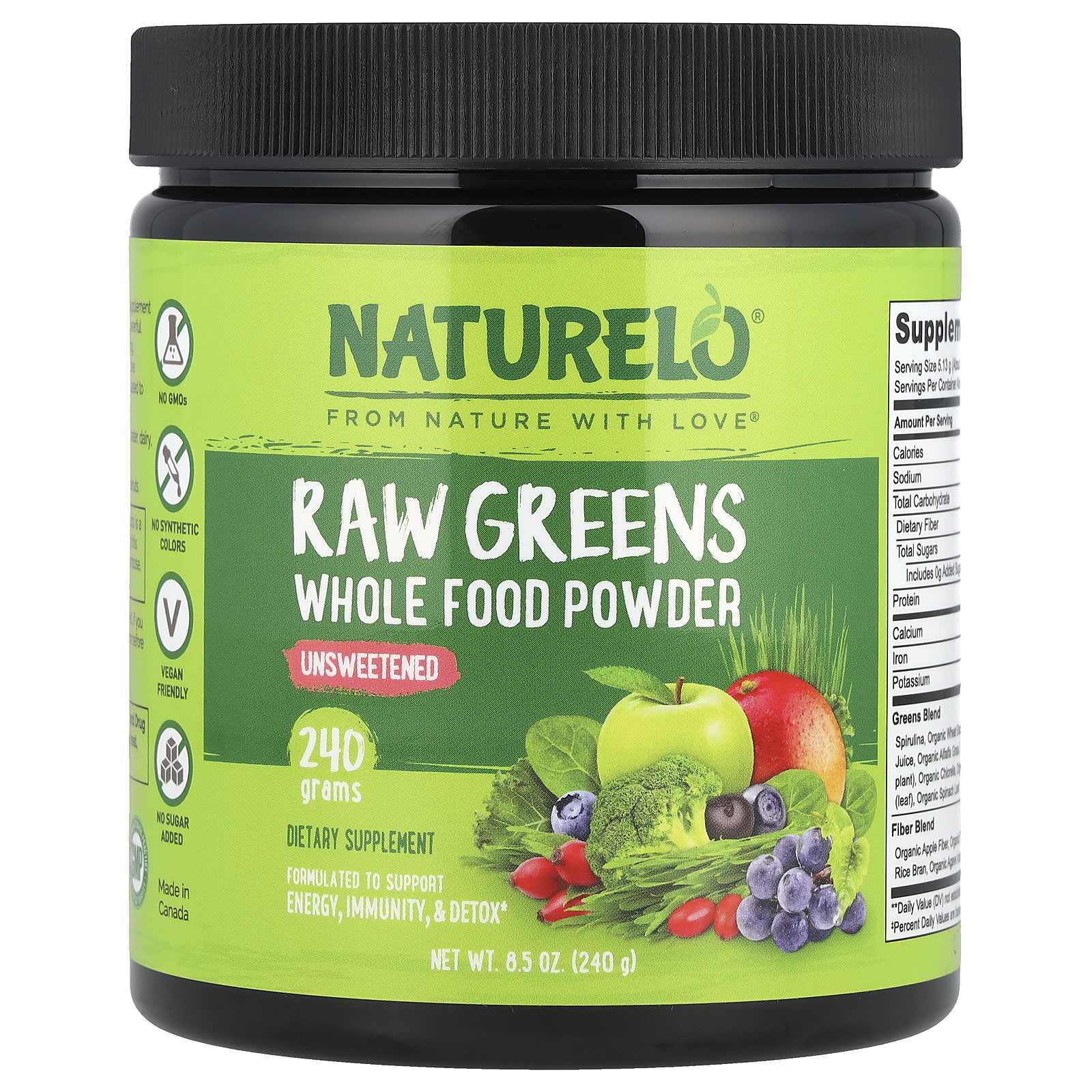 NATURELO, Raw Greens Whole Food Powder, Unsweetened, 8.5 oz (240 g) - Image 1
