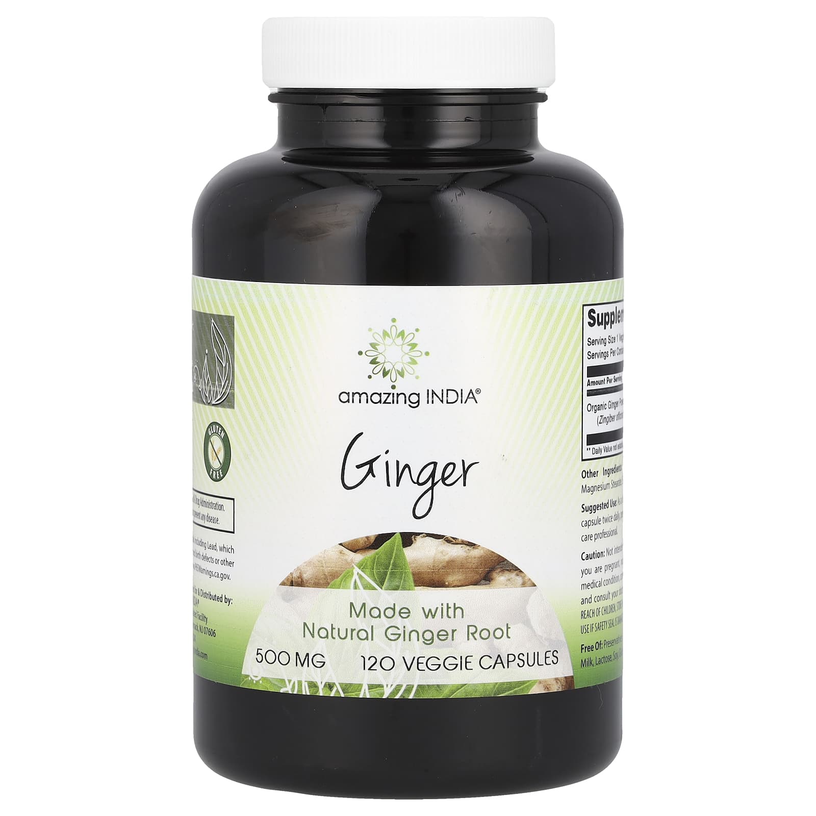 Amazing India Organic Ginger Root 500mg 120 Veggie Capsules - Image 1