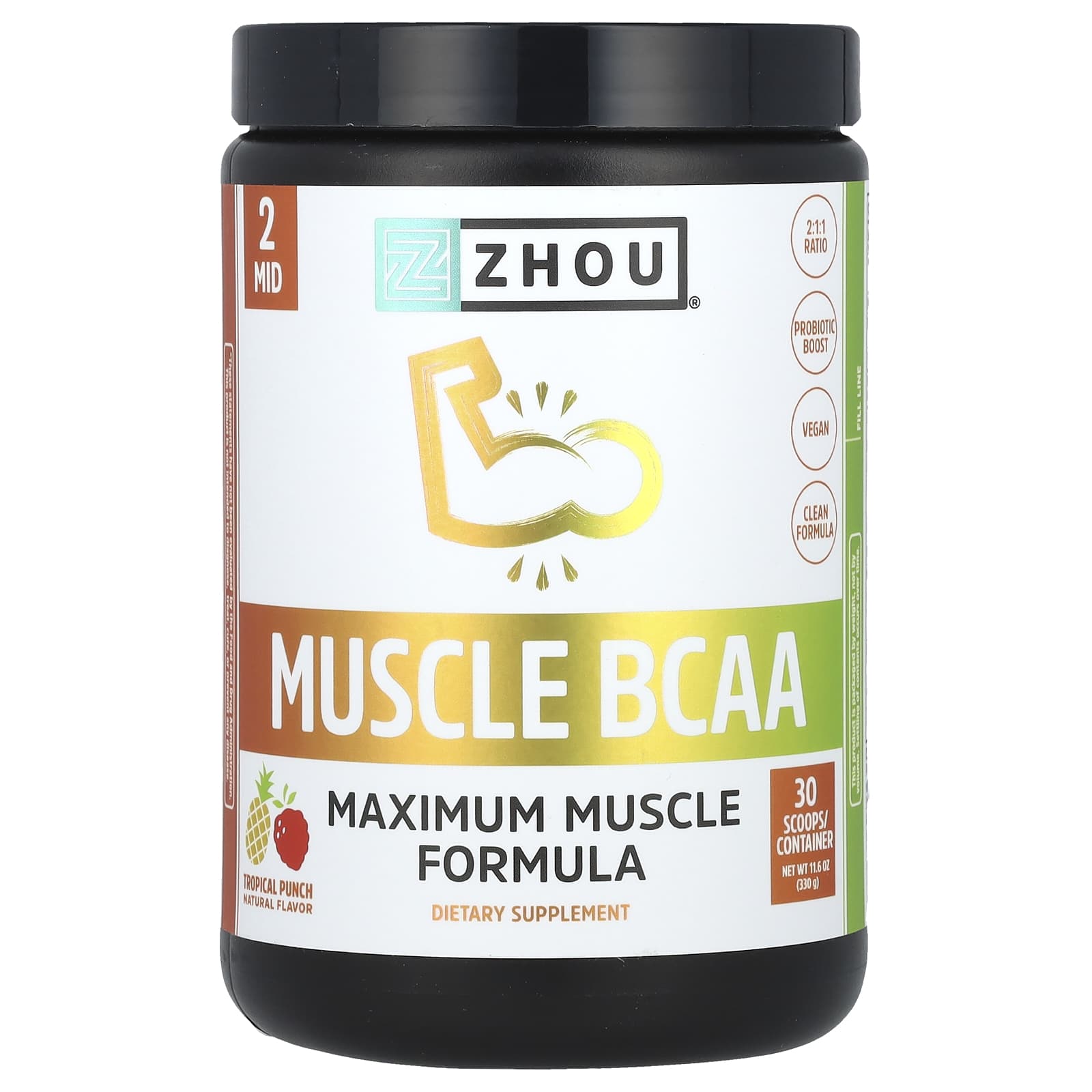 Zhou Nutrition, Muscle BCAA, Maximum Muscle Formula, Tropical Punch, 11.6 oz (330 g) - Image 1