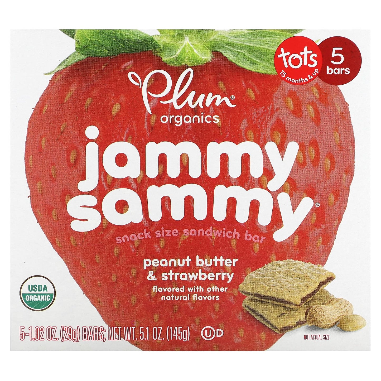 Plum Organics, Jammy Sammy, Snack Size Sandwich Bar, 15 Months & Up, Peanut Butter & Strawberry, 5 Bars, 1.02 oz (29 g) Each - Image 1