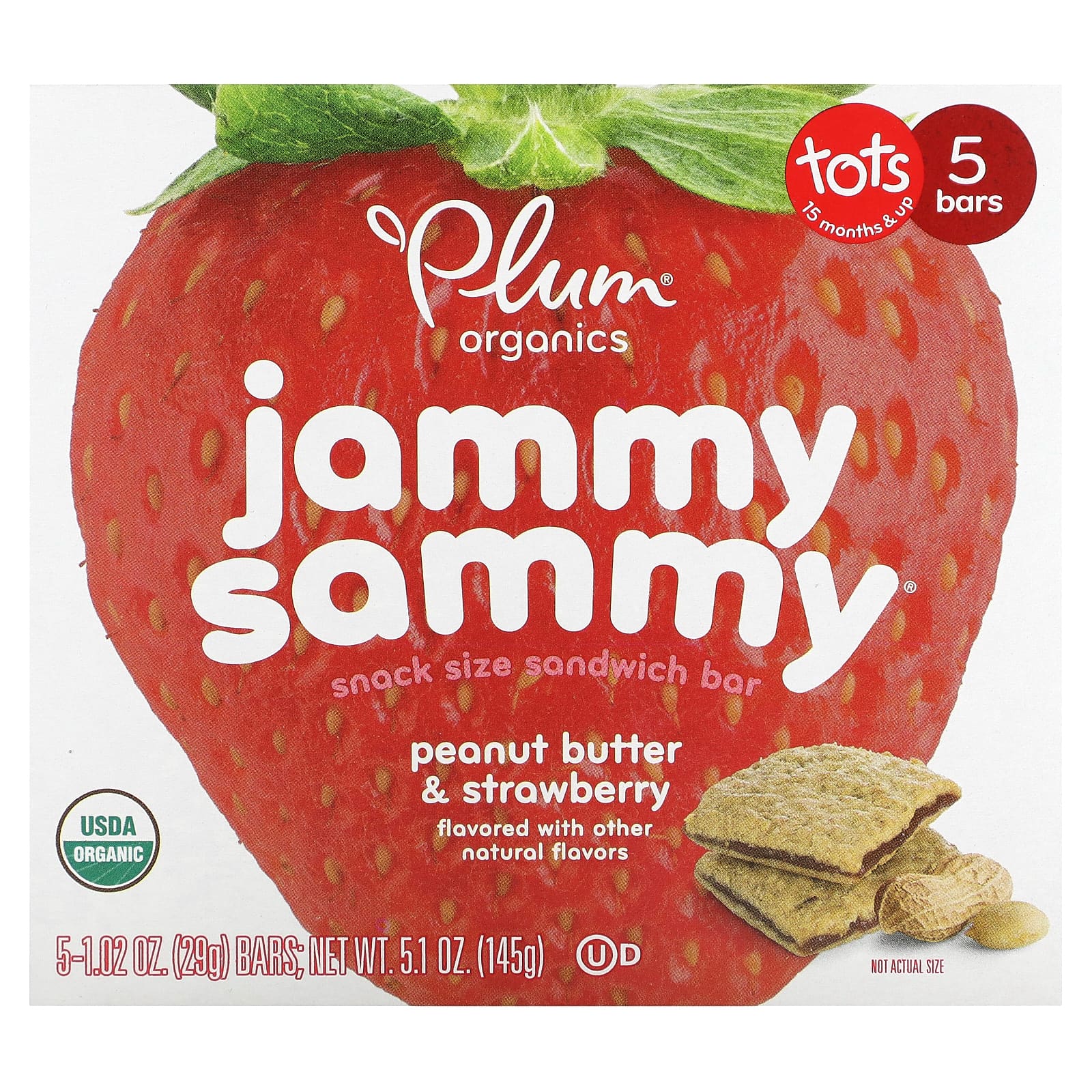 Plum Organics, Jammy Sammy, Snack Size Sandwich Bar, 15 Months & Up, Peanut Butter & Strawberry, 5 Bars, 1.02 oz (29 g) Each - Image 1