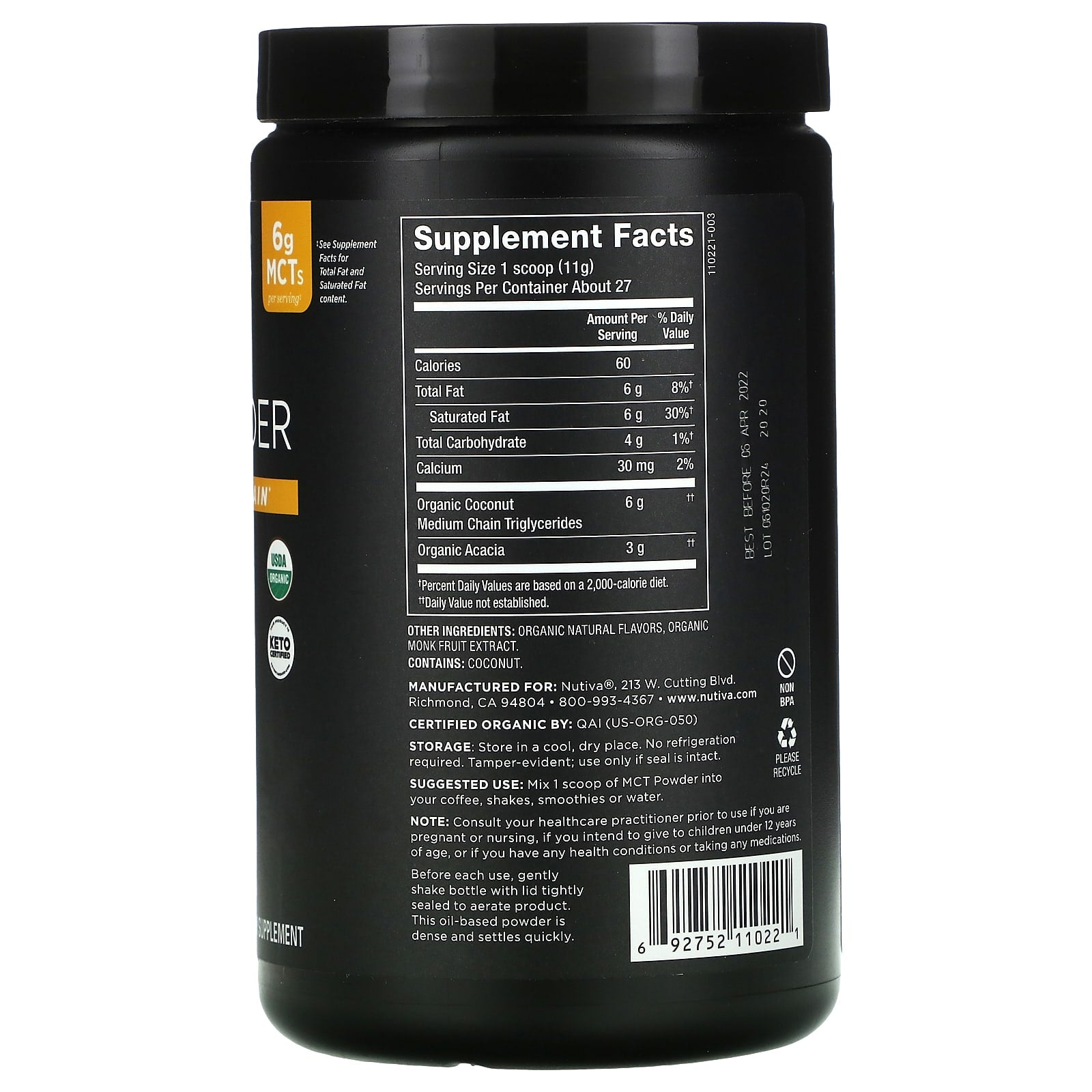 Nutiva, Organic MCT Powder, Vanilla, 10.6 oz (300 g) - Image 2