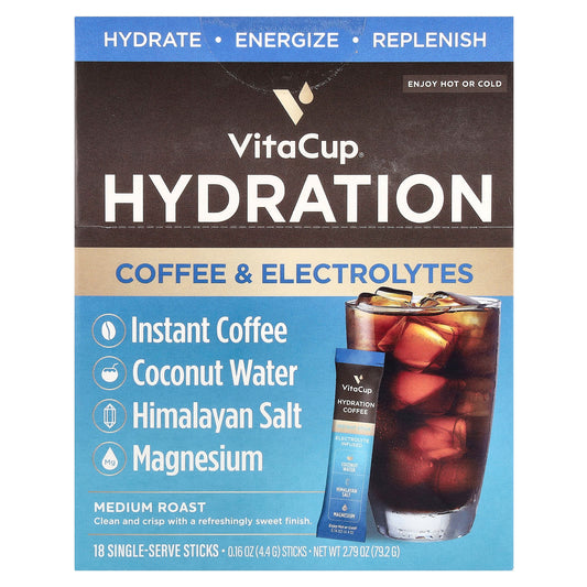 VitaCup, Hydration Instant Coffee & Electrolytes, Medium Roast, 18 Single-Serve Sticks, 0.16 oz (4.4 g) Each - Image 1