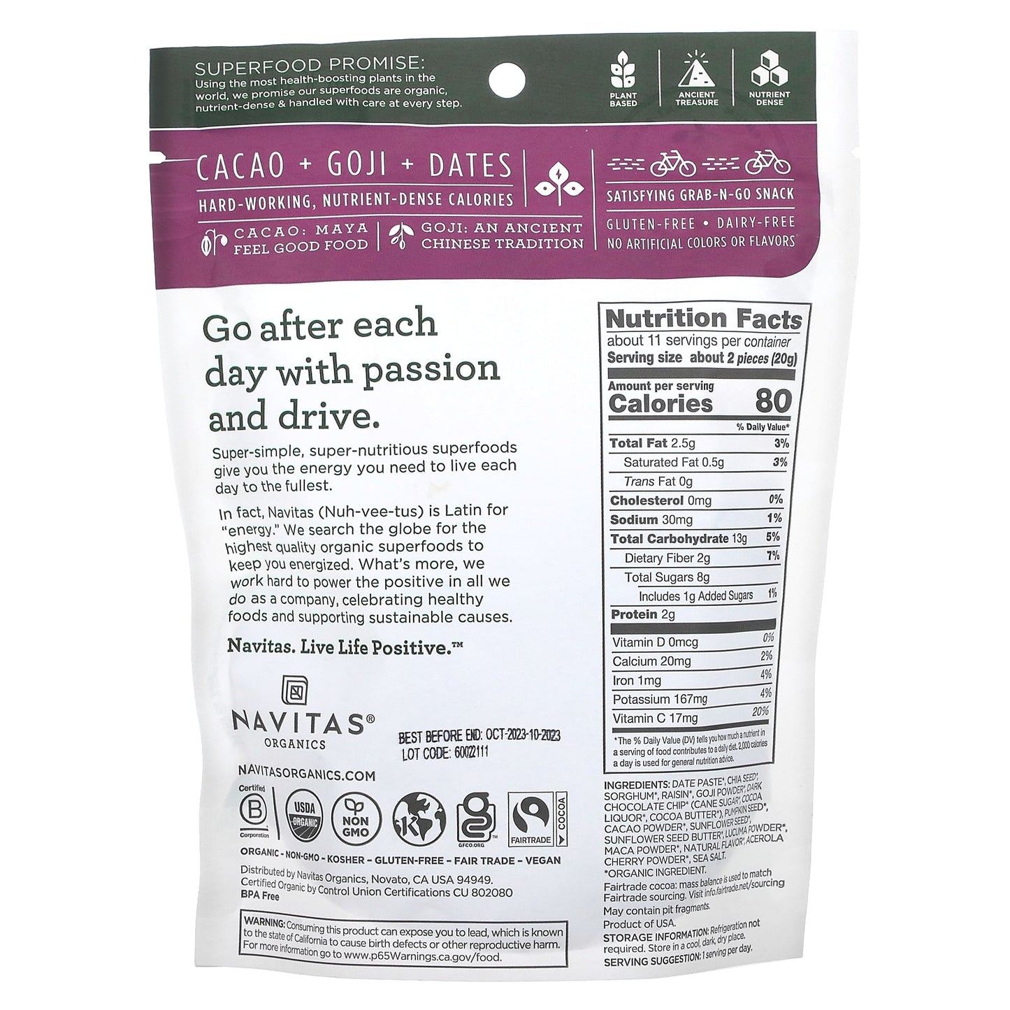 Navitas Organics, Organic Power Snacks, Cacao Goji, 8 oz (227 g) - Image 2