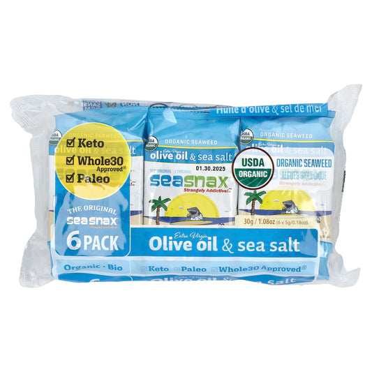 SeaSnax, Organic Seaweed, Extra Virgin Olive Oil & Sea Salt, 6 Pack, 0.18 oz (5 g) Each - Image 1
