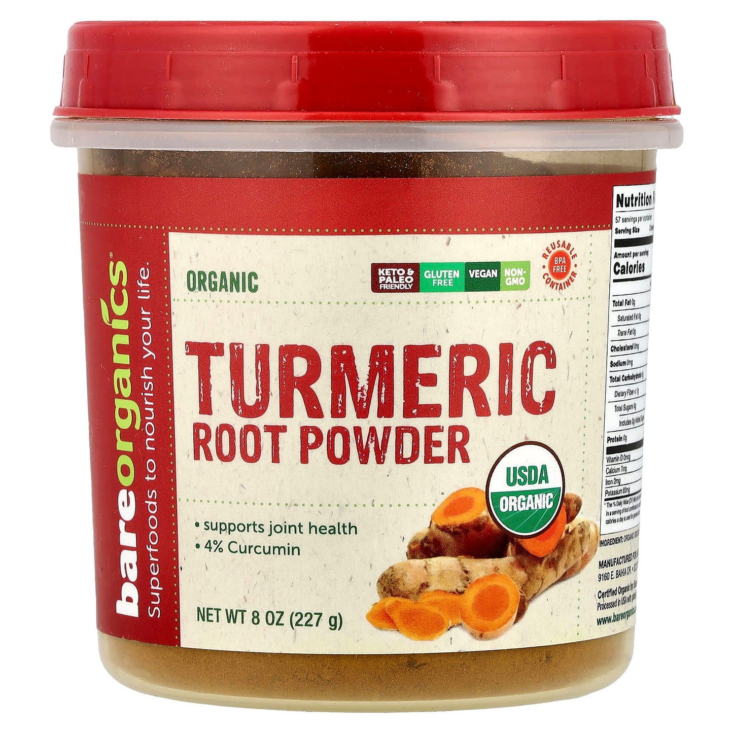 BareOrganics USDA Organic Turmeric Root Powder, 8 oz, Supports Joint Health - Image 1