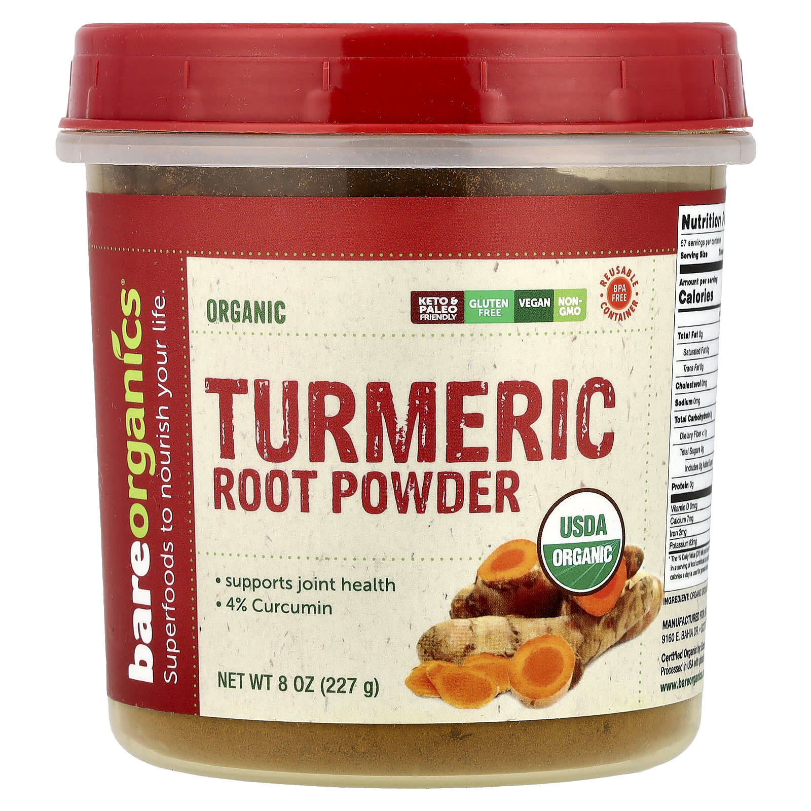 BareOrganics USDA Organic Turmeric Root Powder, 8 oz, Supports Joint Health - Image 1