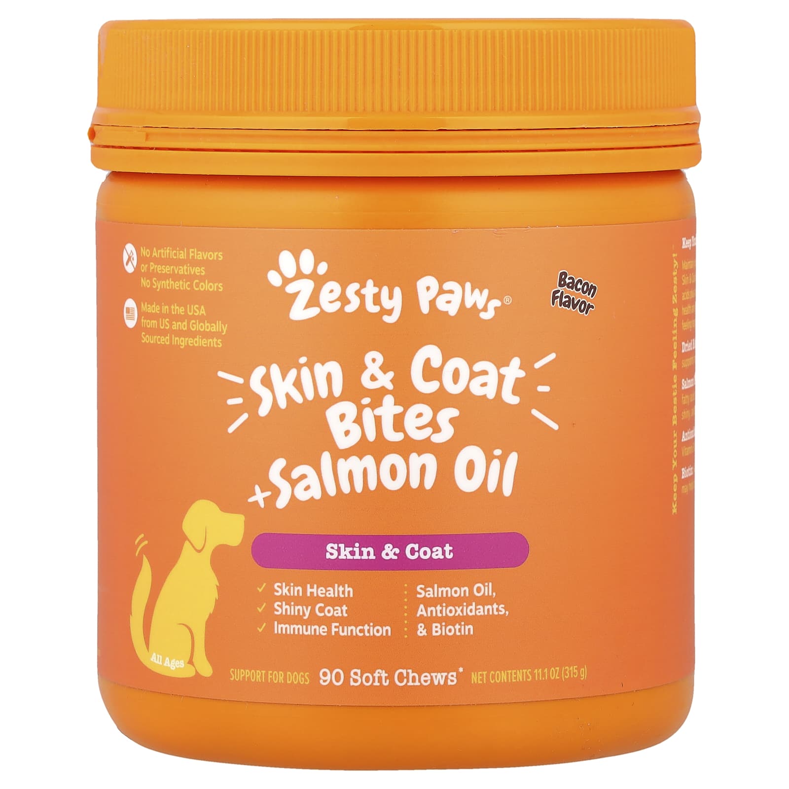 Zesty Paws, Skin & Coat Bites + Salmon Oil, For Dogs, All Ages, Bacon, 90 Soft Chews, 11.1 oz (315 g) - Image 1