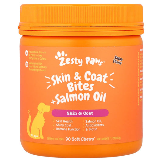 Zesty Paws, Skin & Coat Bites + Salmon Oil, For Dogs, All Ages, Bacon, 90 Soft Chews, 11.1 oz (315 g) - Image 1