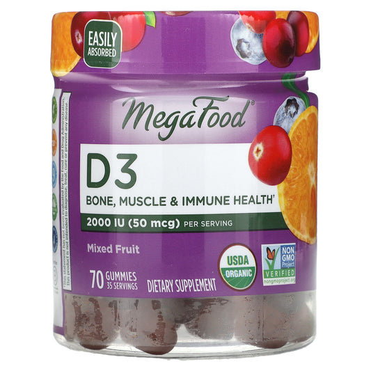 MegaFood, D3, Mixed Fruit, 70 Gummies (25 mcg (1,000 IU) per Gummy) - Image 1