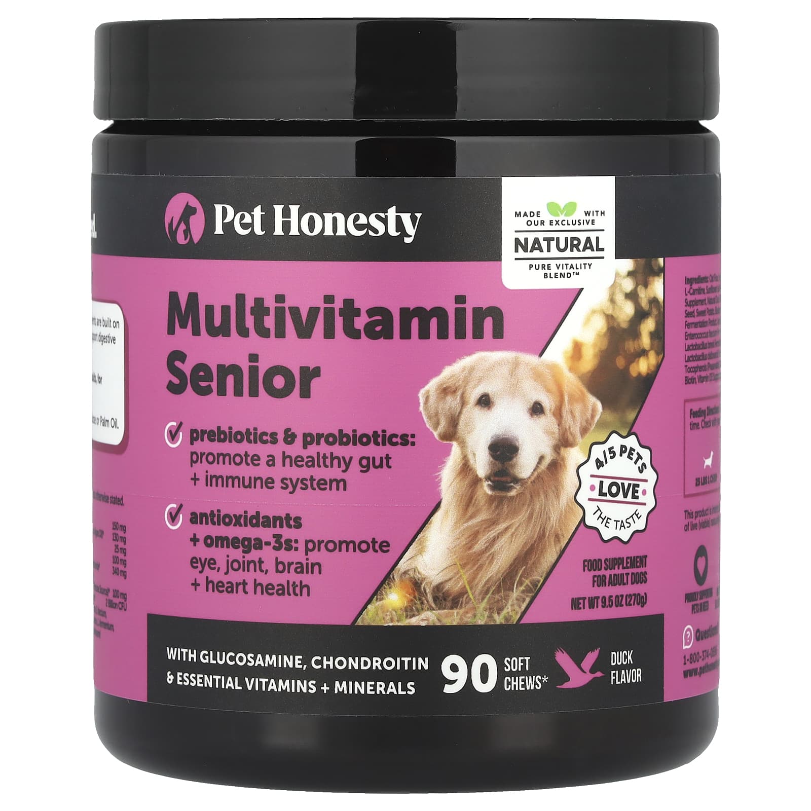 Pet Honesty, Multivitamin Senior, For Adult Dogs, Duck, 90 Soft Chews, 9.5 oz (270 g) - Image 1
