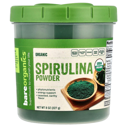 BareOrganics Organic Spirulina Powder 8 oz - Keto & Paleo Friendly - Image 1