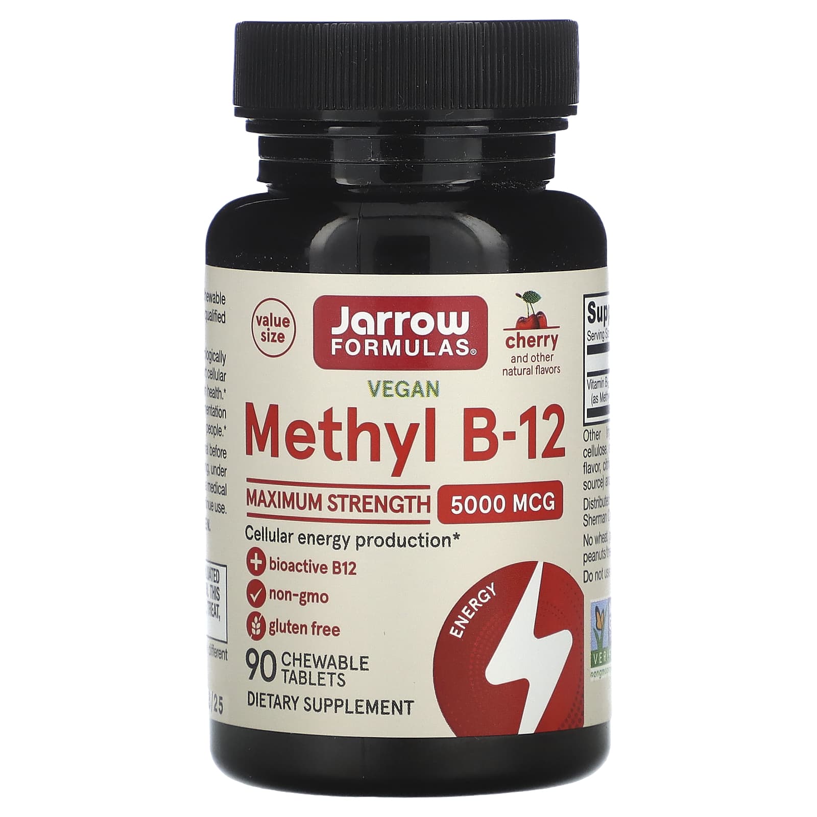 Jarrow Formulas Vegan Methyl B-12, Maximum Strength, 5,000 mcg, 90 Chewable Tablets - Image 1