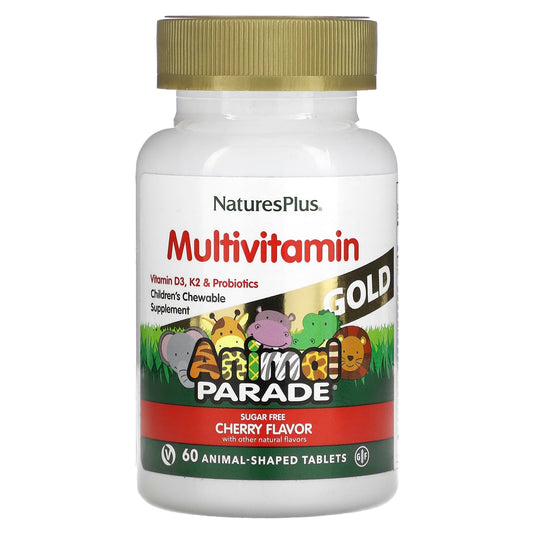 NaturesPlus, Animal Parade Gold, Children's Chewable Multivitamin Supplement, Cherry, 60 Animal-Shaped Tablets - Image 1