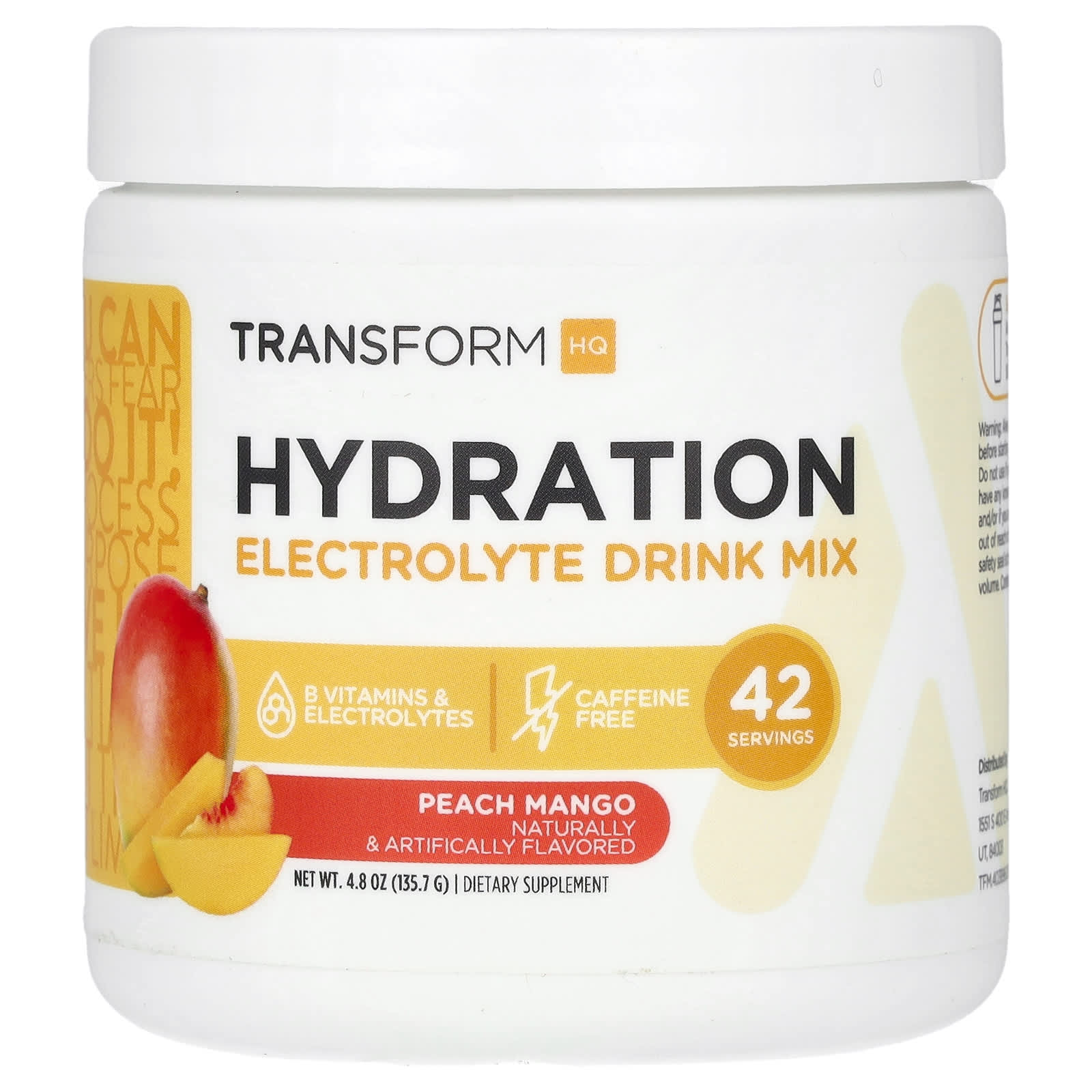 TransformHQ, Hydration, Electrolyte Drink Mix, Caffeine Free, Peach Mango, 4.8 oz (135.7 g) - Image 1
