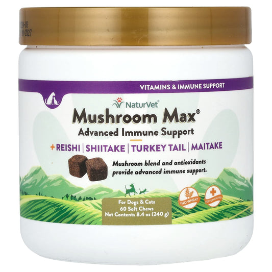 NaturVet, Mushroom Max + Reishi, Shiitake, Turkey Tail, Maitake, For Dogs & Cats, 60 Soft Chews, 8.4 oz (240 g) - Image 1