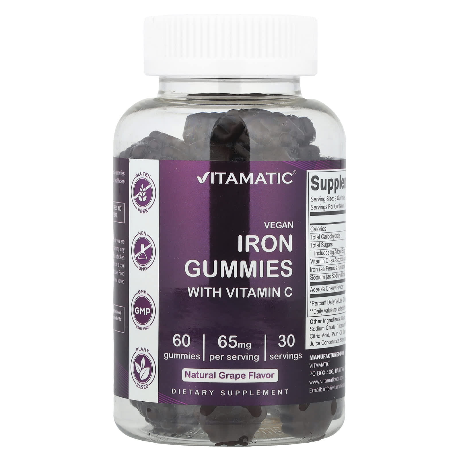 Vitamatic, Vegan Iron Gummies with Vitamin C, Natural Grape, 60 Gummies - Image 1